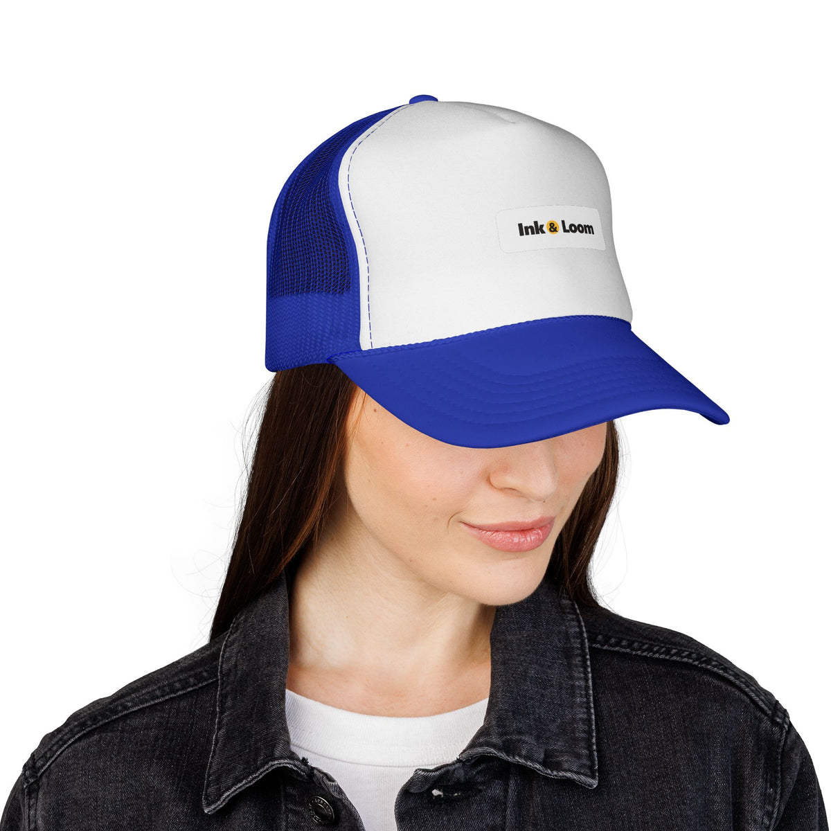 Roadside Trucker Cap, personalized trucker hat with a custom photo and name, Blue/Red, front view