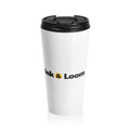 Commuter Travel Mug, personalized stainless travel mug with a custom photo and name, front view