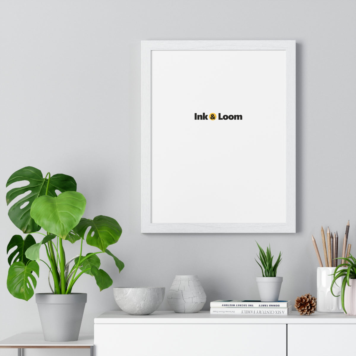Gallery Framed Poster, personalized framed photo print with a custom photo and name, White, shown in a room