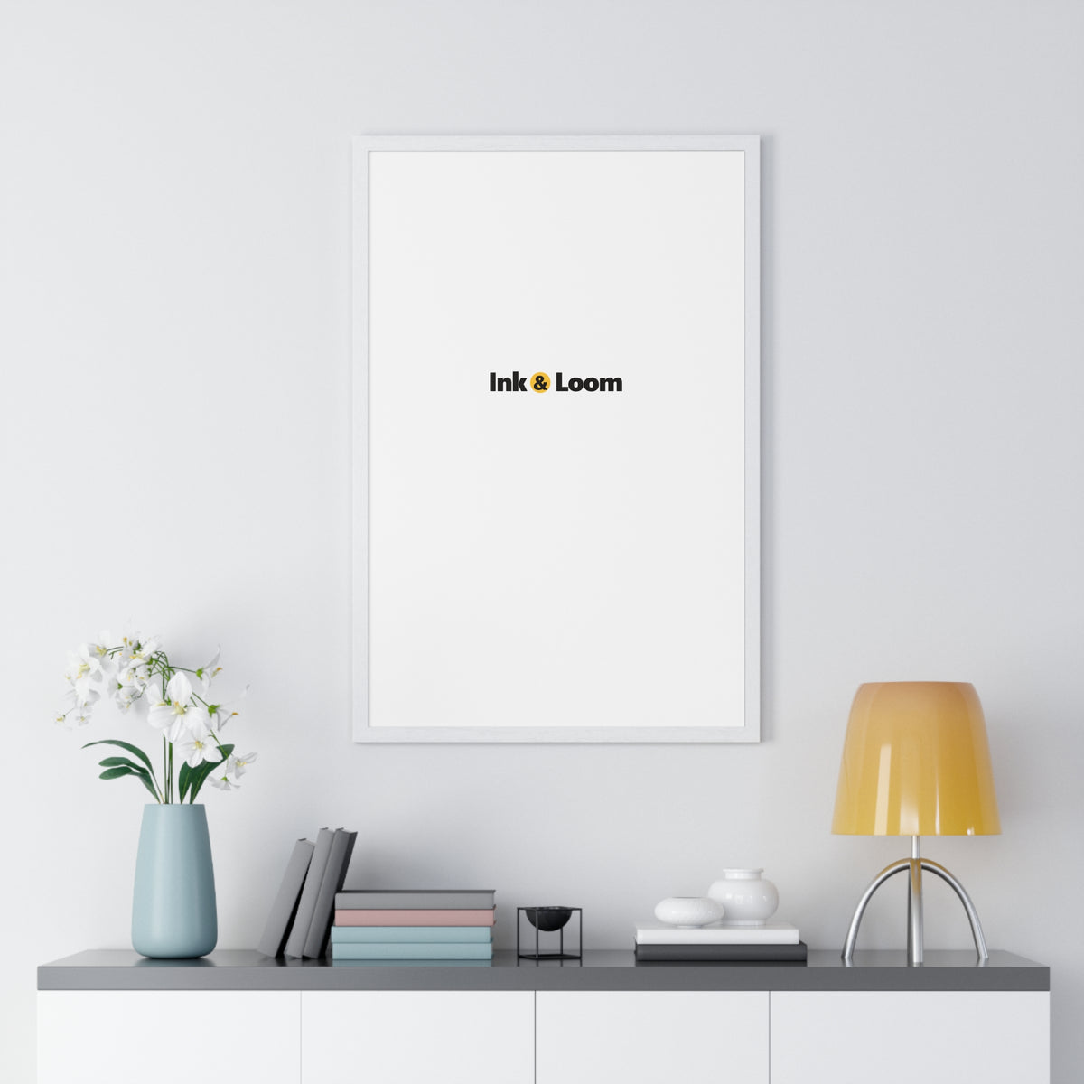 Gallery Framed Poster, personalized framed photo print with a custom photo and name, White, shown in a room